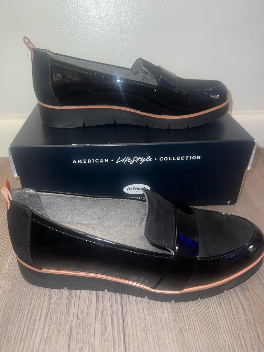 Dr. Scholl's Black Patent Loafers with Peach Accent